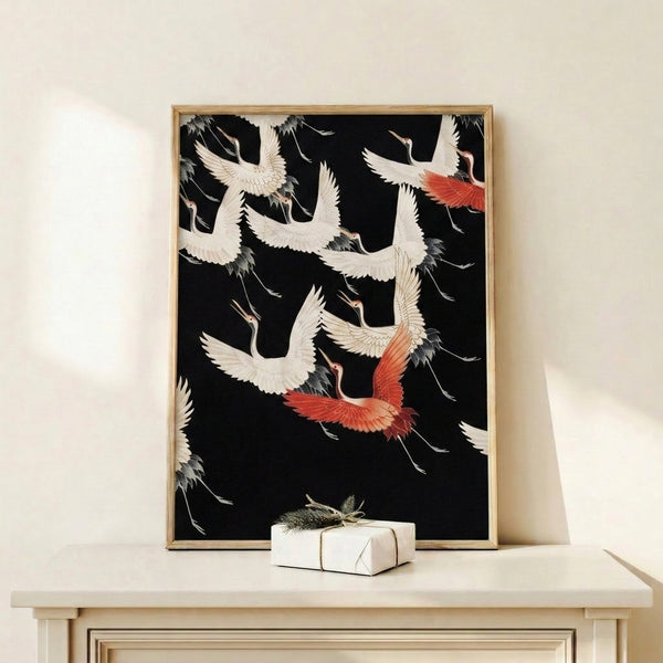 Framed wall art of stylized cranes in graceful flight, blending Japanese woodblock technique with serene composition in black, cream, charcoal, and coral hues.