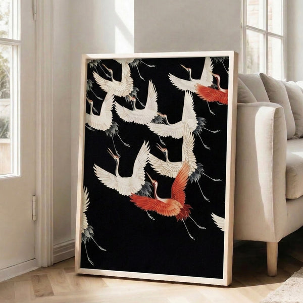 Asian-influenced bird art print portraying elegant cranes soaring, rendered in traditional Japanese style with black line work and muted red and cream accents.