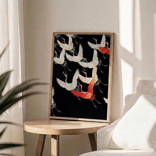 Serene framed poster of flying cranes inspired by Japanese woodblock prints, with graceful linework and a sophisticated palette of black, cream, charcoal, and coral.