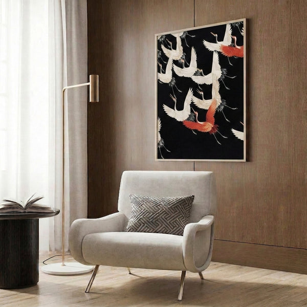 Framed crane art poster in Japanese woodblock style, capturing graceful birds with refined linework and a serene color palette of black, cream, red, and grey.