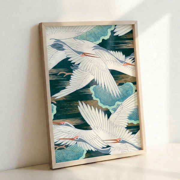 Meditative Japandi wall art depicting cranes with delicate leaves in muted forest green, slate blue, and cream, gold highlights throughout.