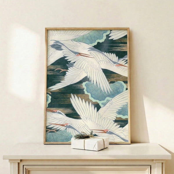 Framed Japanese-inspired woodblock pattern showing flying cranes among water plants in serene cream, green, and blue tones with coral accents.