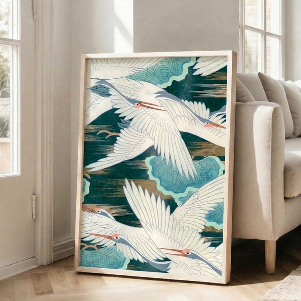 Calm, elegant crane art print in woodblock style with cream background, slate blue water, forest green foliage, and warm gold details.