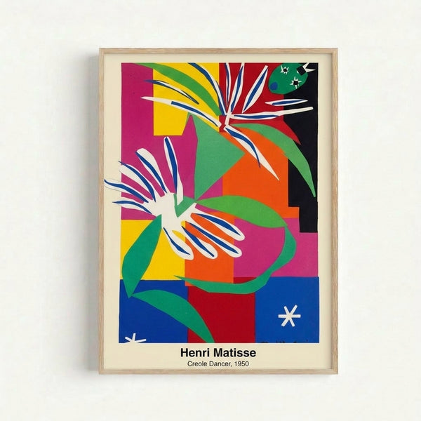 Modernist framed art print featuring a stylized dancing figure rendered in striking primary colors and warm earth tones, exemplifying playful abstract composition.
