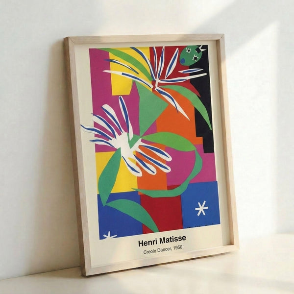 Vibrant cut-out poster of a dancer in motion, composed of bold geometric shapes in red, blue, and ochre against a white background, radiating dynamic joy.