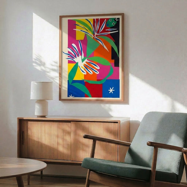Abstract art print showing a dancing figure in bold primary hues and warm tones, rendered with flowing cut-out forms that convey energetic, jubilant movement.