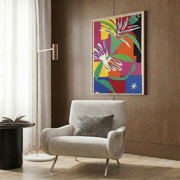 Modernist cut-out style poster of a rhythmic dancer composed of striking red, blue, and ochre shapes with bold black accents, evoking dynamic cultural expression.