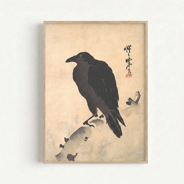Serene woodblock-style wall art depicting a solitary crow resting on stone, executed in traditional monochromatic ink technique with contemplative mood.