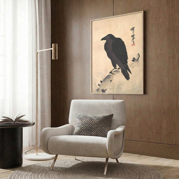 Monochromatic ink wash poster of a perched crow on stone, inspired by traditional Japanese woodblock aesthetics with peaceful, wabi-sabi sensibility.