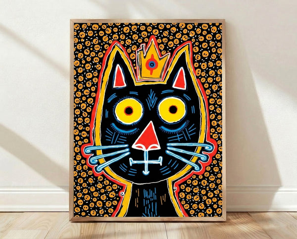 Bold pop art poster featuring a black cat wearing an ornate crown, rendered in vibrant orange, yellow, red, and blue tones with a whimsical, playful mood.