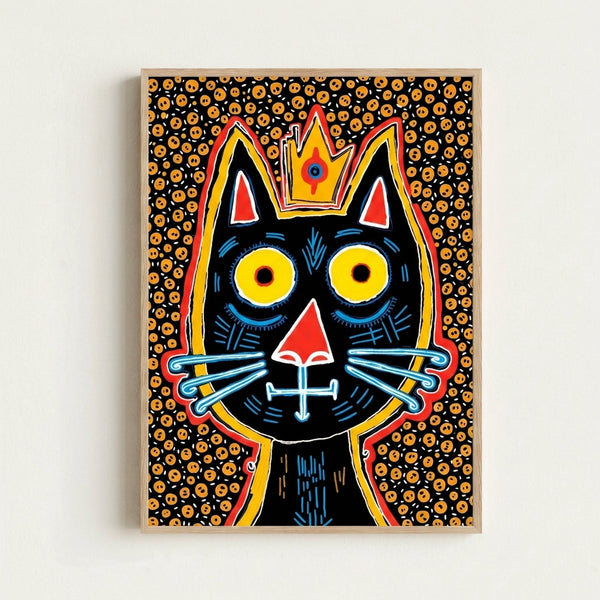 Retro-style framed art print of a crowned black cat with a regal expression, displaying bright pop art colors and folk art influences.