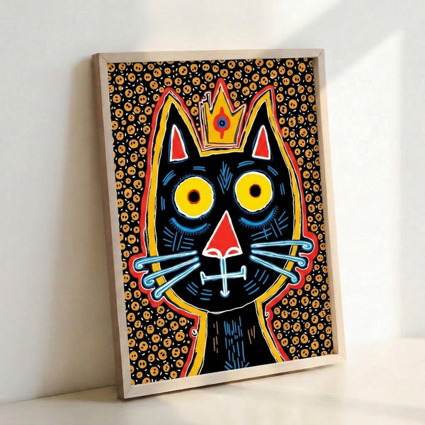 Whimsical pop art poster showing a black cat sporting a decorative crown against a colorful background of warm and cool tones.