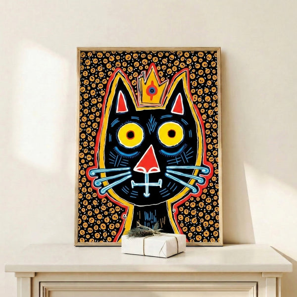Black cat in a golden crown depicted as framed wall art in bold pop art style with vibrant orange, yellow, red, and blue hues.