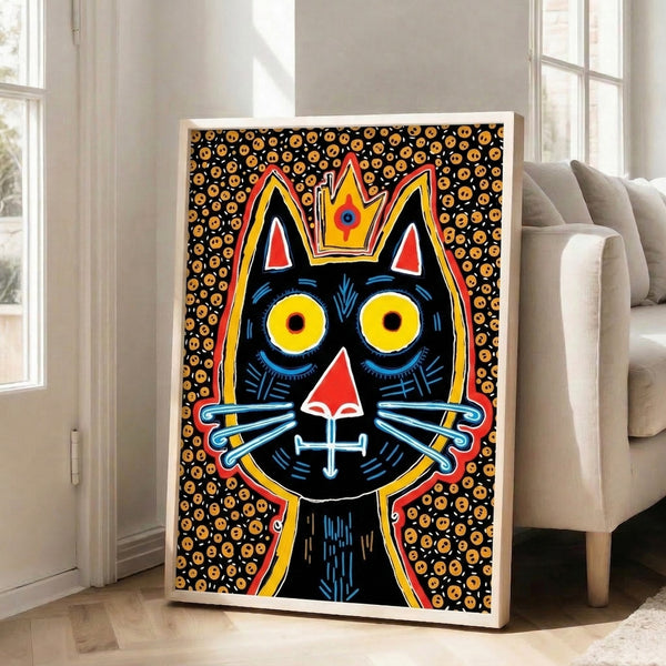 Playful retro poster art of a crowned black cat with striking pop art aesthetics and a folk art sensibility in warm and cool color blocking.