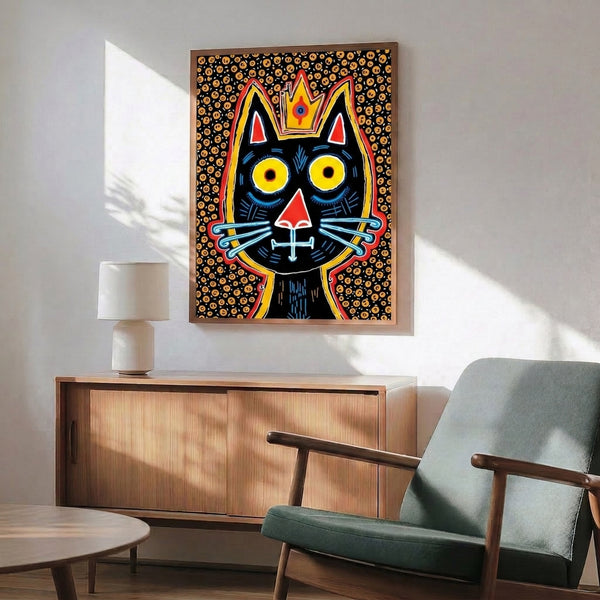 Framed pop art print featuring a regal black cat wearing a crown, rendered in bright vintage-inspired colors with a whimsical character.