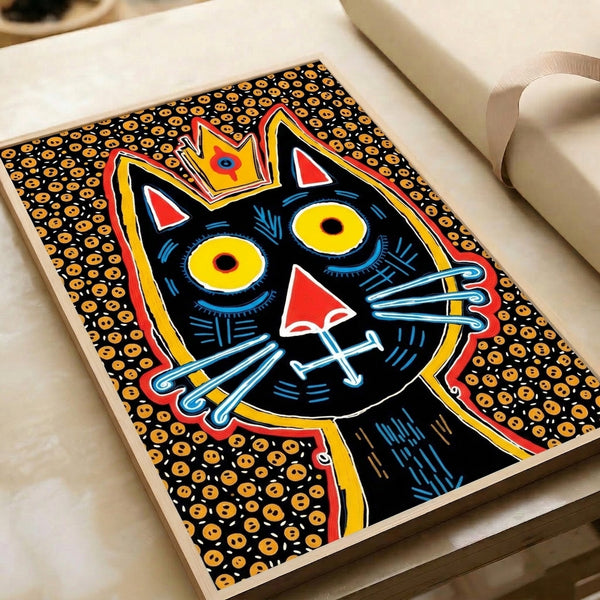 Vintage pop art-style poster of a black cat adorned with a crown, combining bold retro colors and playful folk art elements for wall decor.