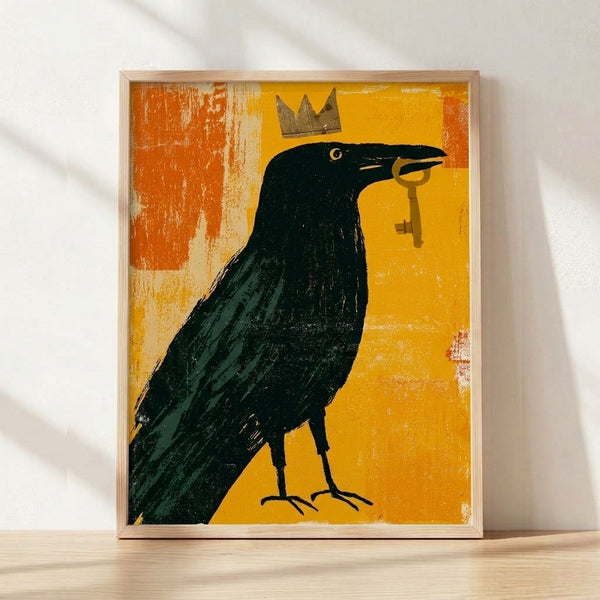 Framed art print of a regal raven wearing a golden crown and holding an ornate key, rendered in retro-modern minimalist style with warm gold, black, rust, and cream tones on a muted green background.