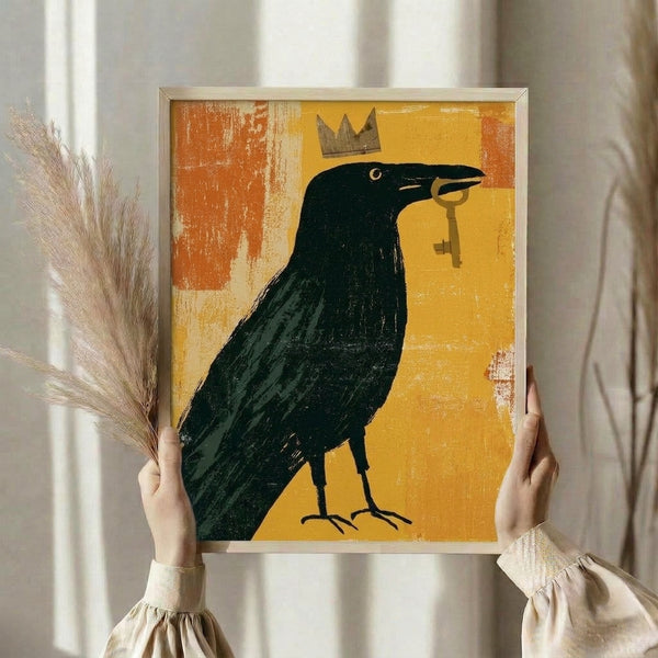 Whimsical crowned crow wall art in vintage-inspired design, featuring a mysterious black bird adorned with gold accents and a decorative key, displayed as a framed poster in mid-century modern aesthetic.