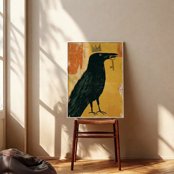 Minimalist bird wall print showcasing an authoritative raven with royal crown and symbolic key, composed in a retro palette of mustard gold, charcoal black, and earthy rust tones on soft cream.