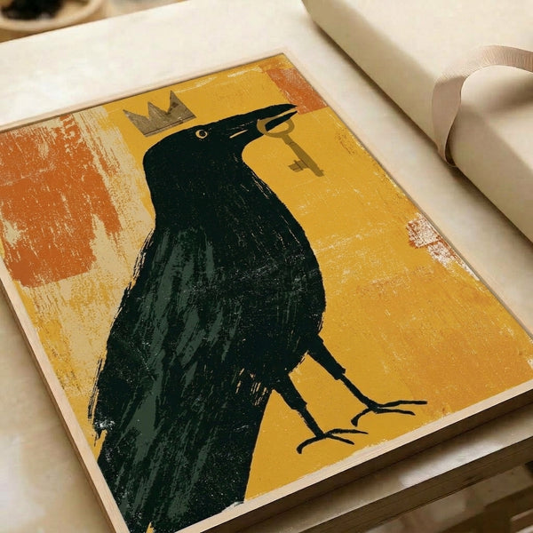 Framed poster art depicting a mysterious crowned raven holding a key, executed in modern minimalist style with a sophisticated color scheme of gold, black, muted green, and warm russet hues.
