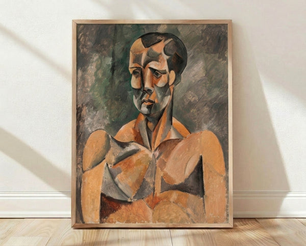 Abstract cubist portrait in ochre, tan, and dark green tones, featuring a fractured male figure rendered in geometric planes and analytical style.