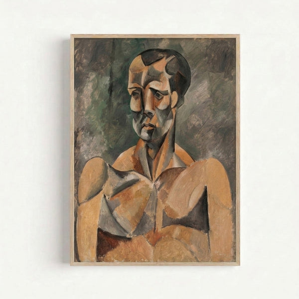 Early 20th century cubist bust portrait with muted earth tones and charcoal accents, displaying fragmented facial planes in an introspective modernist composition.