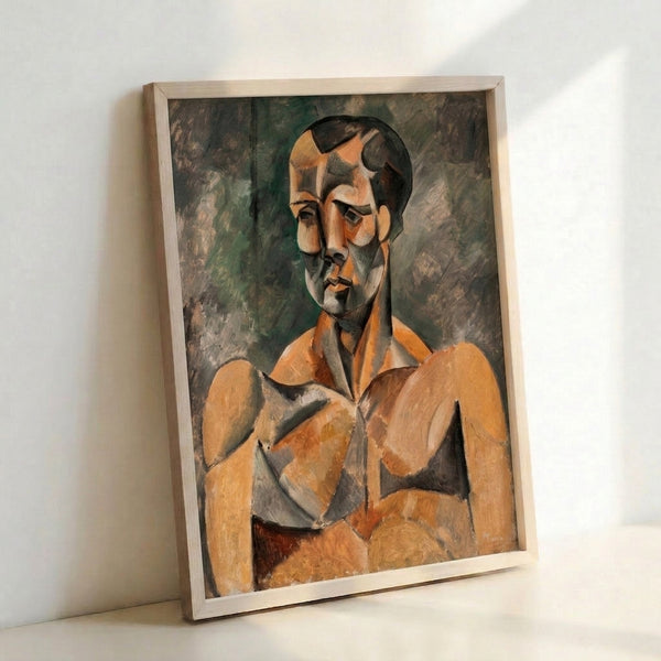 Geometric abstract portrait of a man in subdued greens and ochres, with angular, deconstructed forms characteristic of analytical cubism.