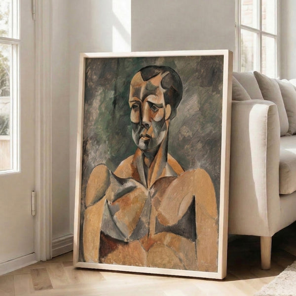Cubist male figure study in tan, dark green, and gray, breaking down the human form into overlapping planar shapes and intellectual abstraction.