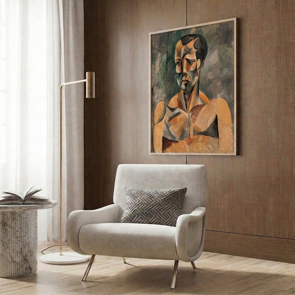 Abstract analytical cubism painting of a contemplative male portrait in earthy ochre and gray, composed of fragmented geometric planes and introspective mood.