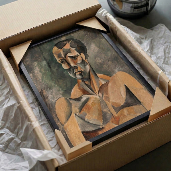 Early modernist cubist artwork depicting a man's bust through intersecting angular forms in tan, dark green, and charcoal tones on a gallery wall.