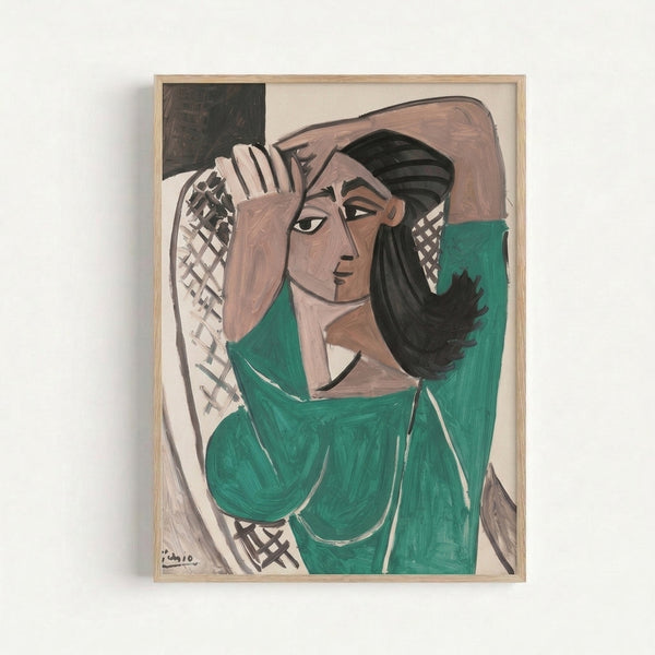 Geometric faceless woman portrait in modernist style featuring green, cream, and black angular planes, displayed as framed wall art.