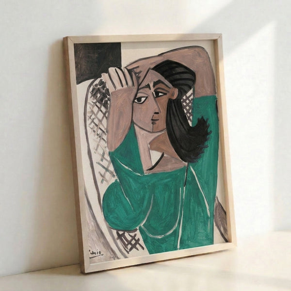 1950s-inspired cubist line drawing of a female figure in sophisticated emerald and neutral tones, sophisticated abstract poster.