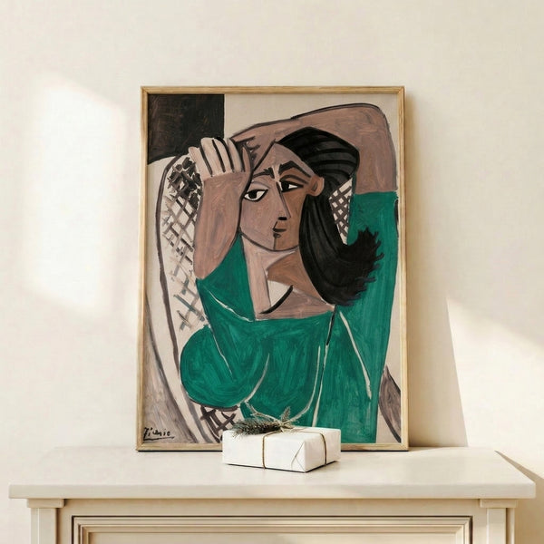 Contemplative geometric portrait with fragmented planes in green and tan, modern abstract framed art print for contemporary interiors.