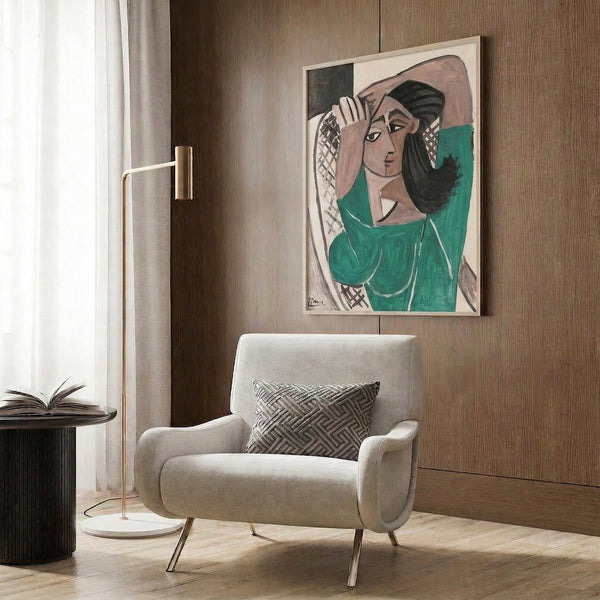 Abstract woman's face deconstructed in cubist style with emerald green, tan, and black elements, framed modern art print.
