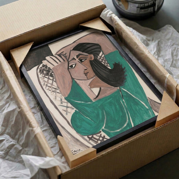Sophisticated geometric portrait featuring bold black lines and green tones creating an abstract 1950s-style woman's face, framed poster.