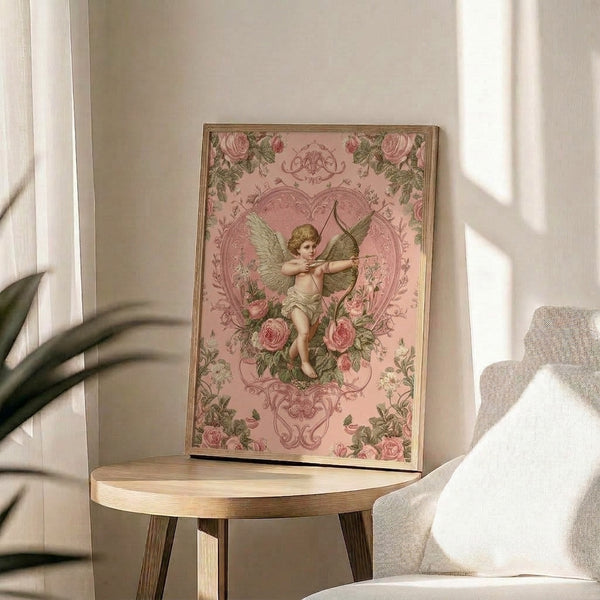 Elegant framed art print showcasing a whimsical angel cupid amid blooming roses in muted mauve and pink hues, capturing nostalgic Victorian charm.