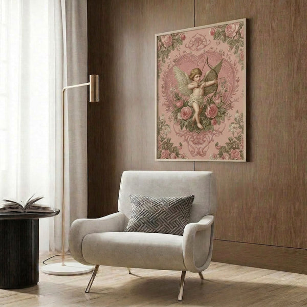 Framed poster art featuring an Art Nouveau cupid figure surrounded by delicate roses and a heart motif in whimsical pink, mauve, and green tones.