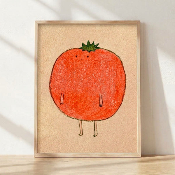 Whimsical folk art poster of a cheerful tomato character with a smiling face, rendered in coral red, sage green, and cream tones in a minimalist cottagecore style, framed on a wall.