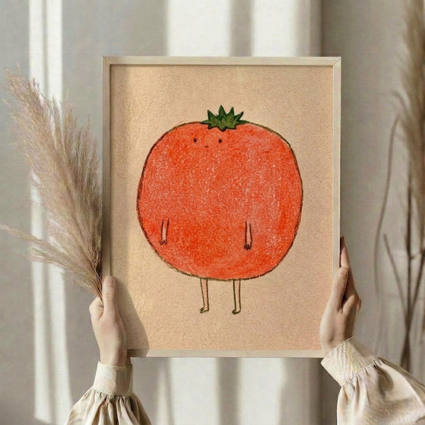 Cute minimalist tomato illustration with an endearing expression, featuring warm coral, soft green, and cream colors in a folk art aesthetic, displayed as a framed print.