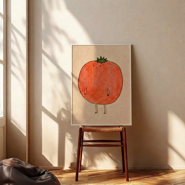Charming tomato character art print in folk style with a playful personality, combining warm coral red with sage green and cream, perfect for quirky home decor displayed framed on a wall.