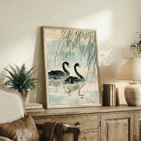 Graceful Cygnus Atratus black swan art print featuring minimalist water and willow imagery, blending traditional Japanese woodblock technique with modern Zen design in muted sage and cream palette.
