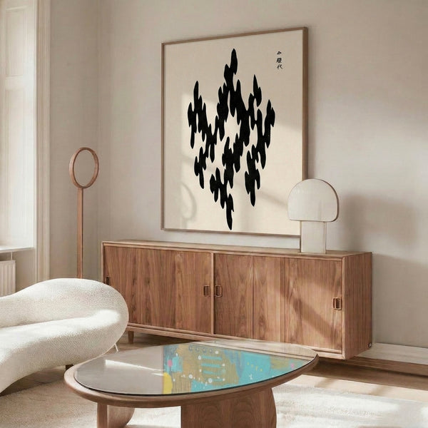 Abstract silhouette combining cypress tree and flame imagery in traditional Japanese woodblock style, featuring stark black forms on cream, elegant and contemplative.