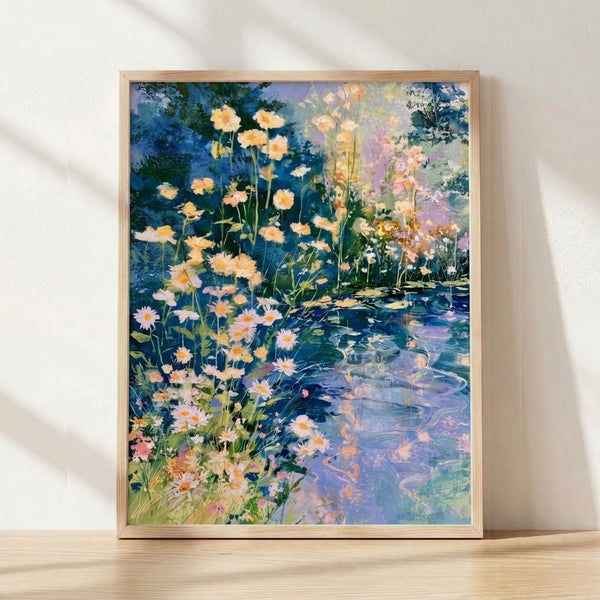 Serene watercolor painting of white daisies and soft foliage reflected in a tranquil pond, rendered in pale yellows, soft blues, lavender, and sage greens in an impressionist style.