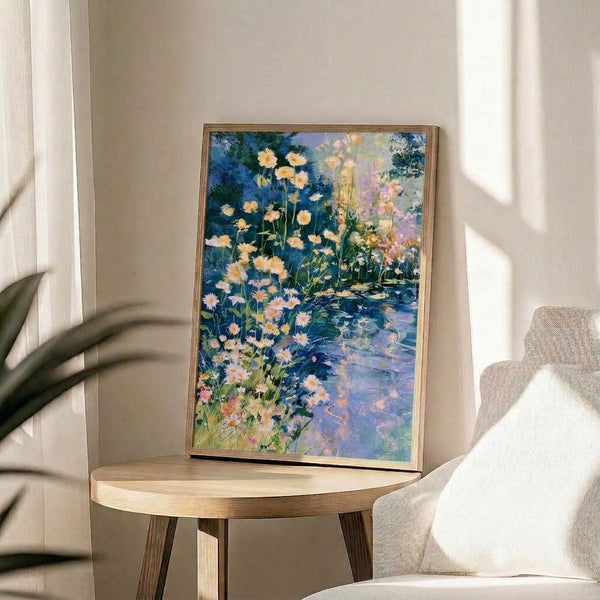 Dreamy impressionist watercolor artwork featuring delicate daisies blooming beside still water with gentle reflections, painted in soft cream, blue, and lavender tones.
