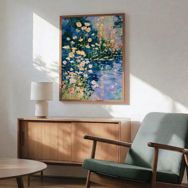 Contemplative watercolor garden scene with white daisies and water lilies floating on a calm pond, created in muted blues, pale yellows, and soft greens.