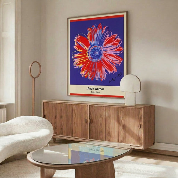 Stylized daisy composition in bright blue, white, and yellow tones, bold pop art aesthetic flower wall art.