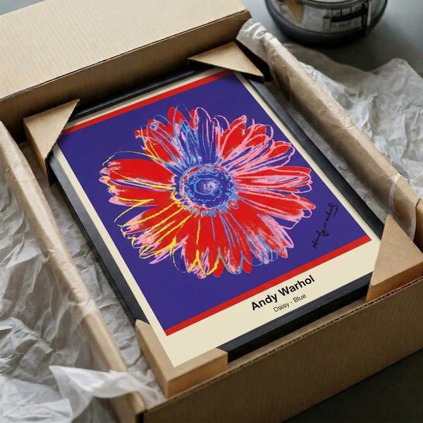 Colorful pop art daisy poster with vibrant blue petals, yellow center, and white background, contemporary minimalist design.