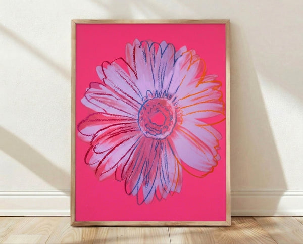 Pop art poster featuring a bold pink daisy flower with vibrant yellow center on a contrasting background, modern colorful floral wall art in classic Warhol style.