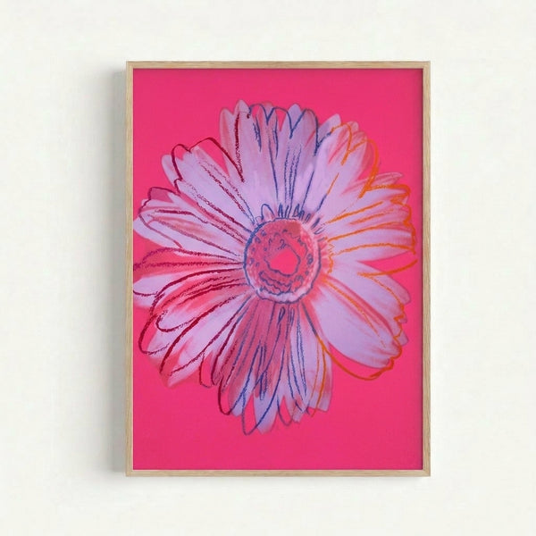 Bright pop art daisy print with pink petals and golden center, contemporary flower poster displayed as framed wall art.