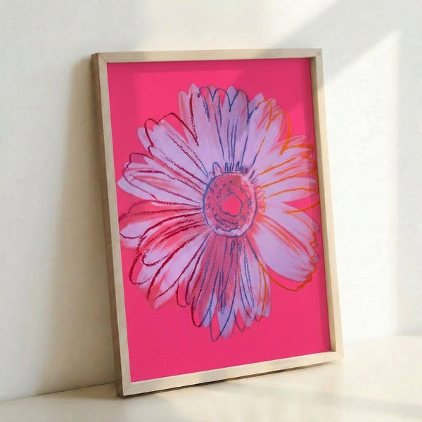 Vibrant pink daisy flower artwork in pop art style with cheerful yellow stamen, bold colorful modern poster suitable for contemporary interiors.